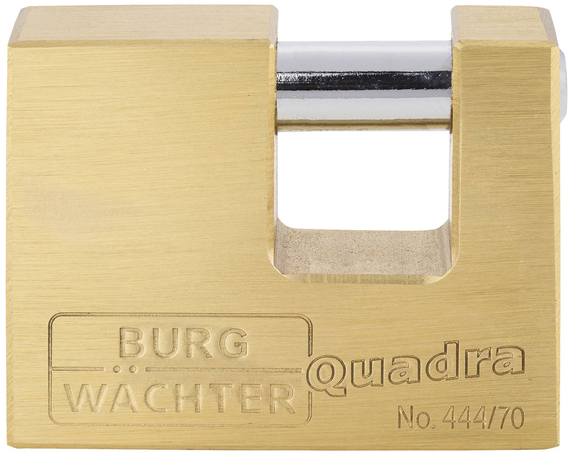 A rectangular padlock made of brass with the engraving 'Burg Wächter Quadra No. 444/70'.