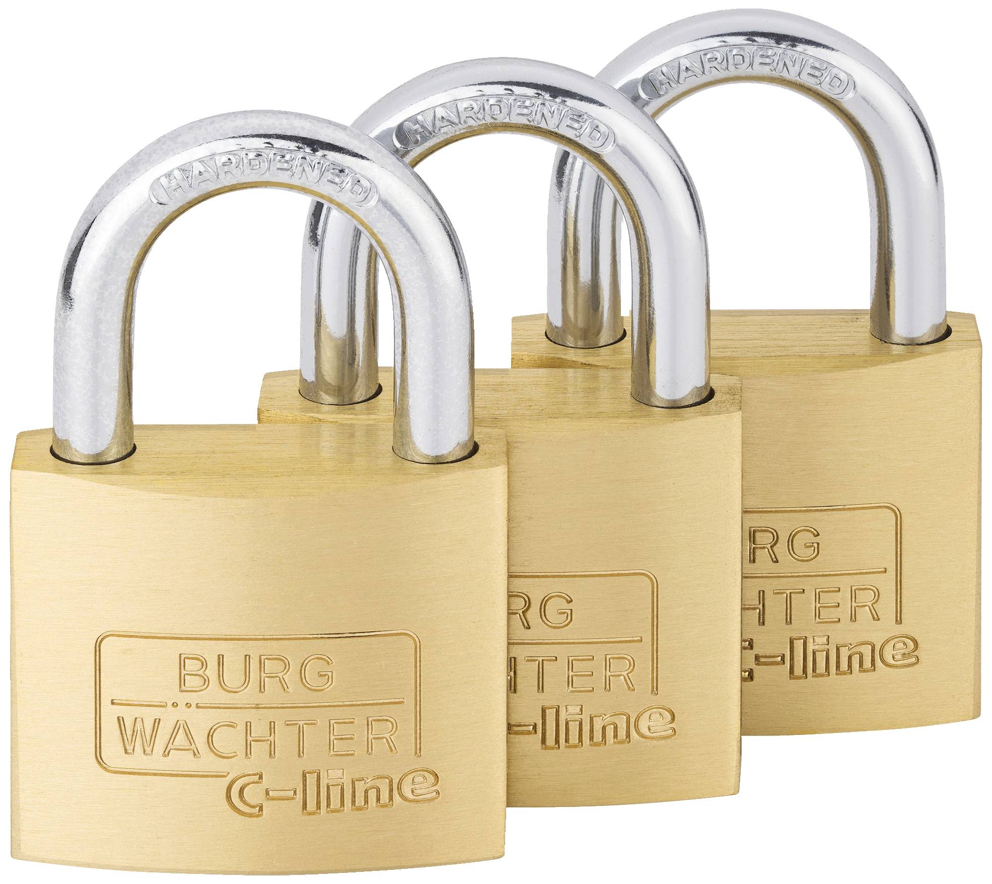 Three golden padlocks in a row, with the inscription 'BURG WÄCHTER C-line'. A strong security metaphor.
