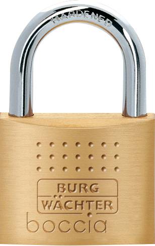 A brass padlock with 'BURG WÄCHTER' inscribed on the body and 'HARDENED' on the shackle.