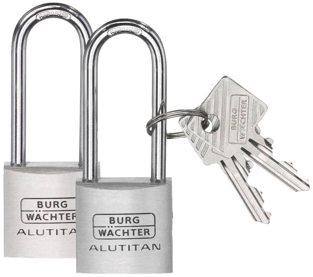 Two silver padlocks with the inscription 'Burg Wächter Alutitan'; one is open, with three keys on the keyring.