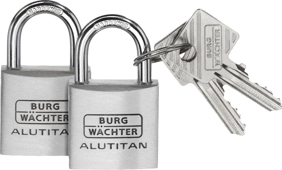 Two silver padlocks with the inscription 'Burg Wächter Alutitan'. Three matching keys are shown beside them.