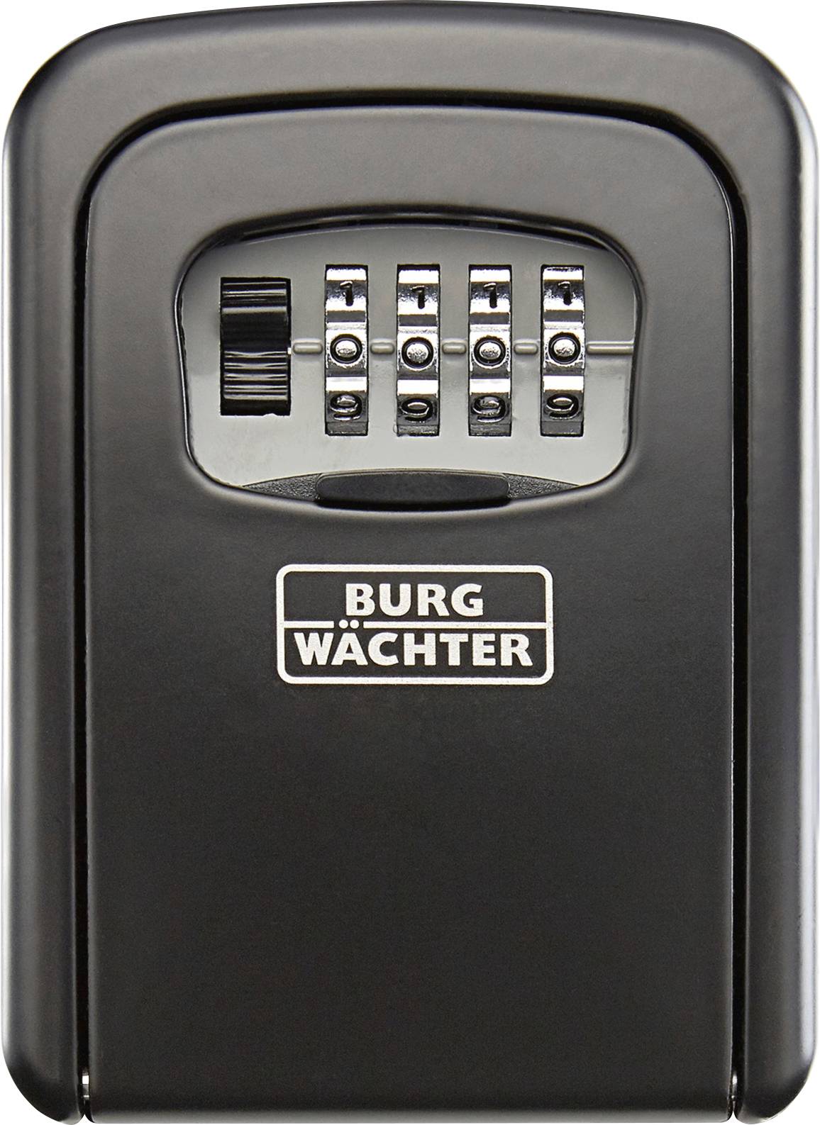Black combination key safe with four-digit code, brand 'Burg Wächter'.