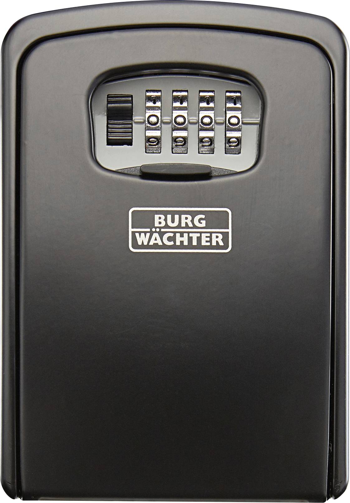 Black key safe with numeric code, brand 'Burg Wächter'. Ideal for securely storing keys.