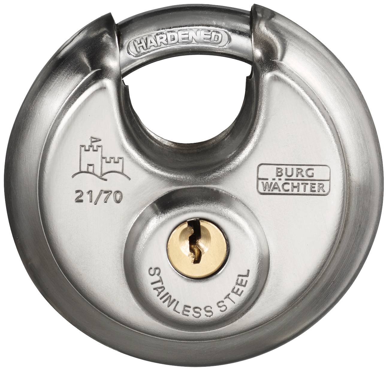 Round steel padlock with the inscription 'Burg Wächter', 'Stainless Steel', castle symbol and number '21/70'.