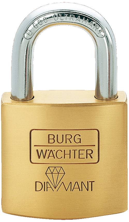 A brass padlock with the inscription 'Burg Wächter Diamant', depicted against a neutral background.