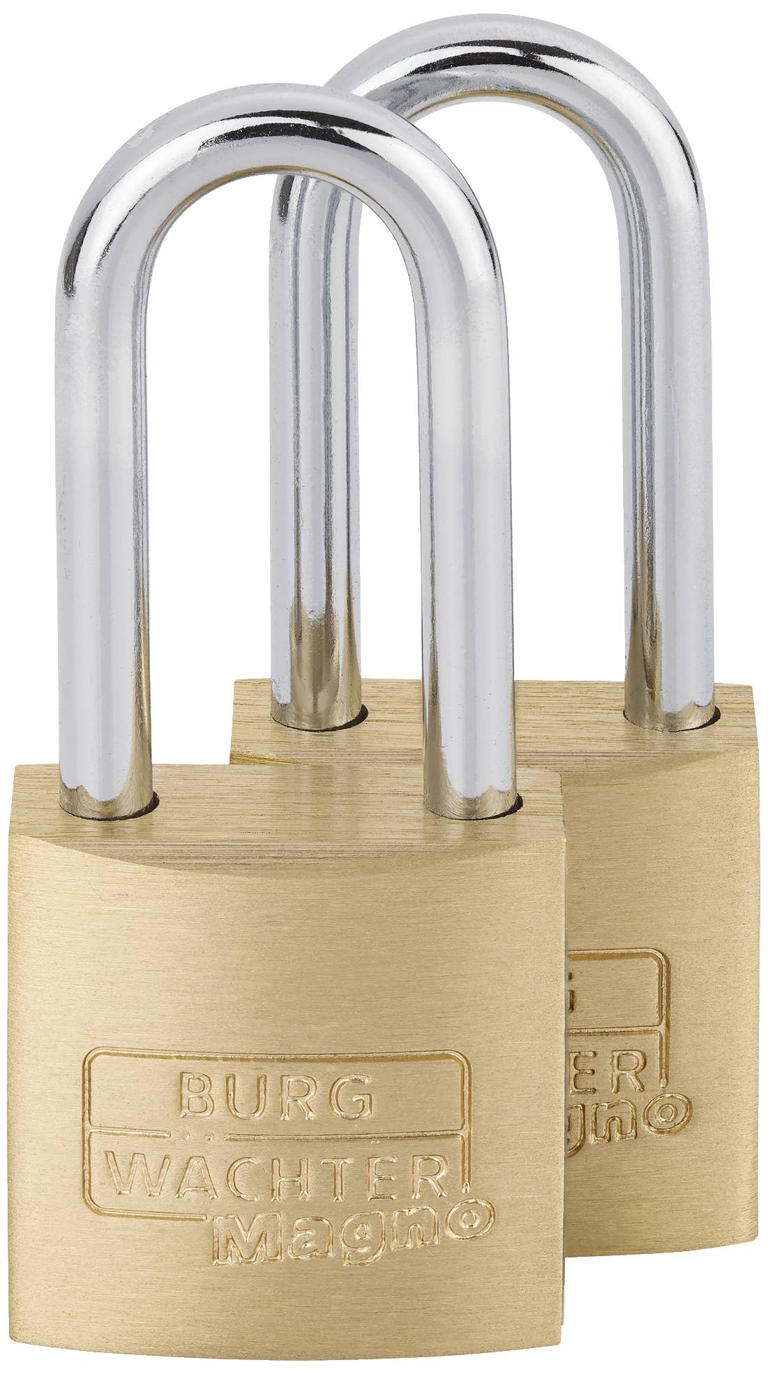 Two identical padlocks made of brass with silver shackles, brand 'Burg Wächter', standing upright.