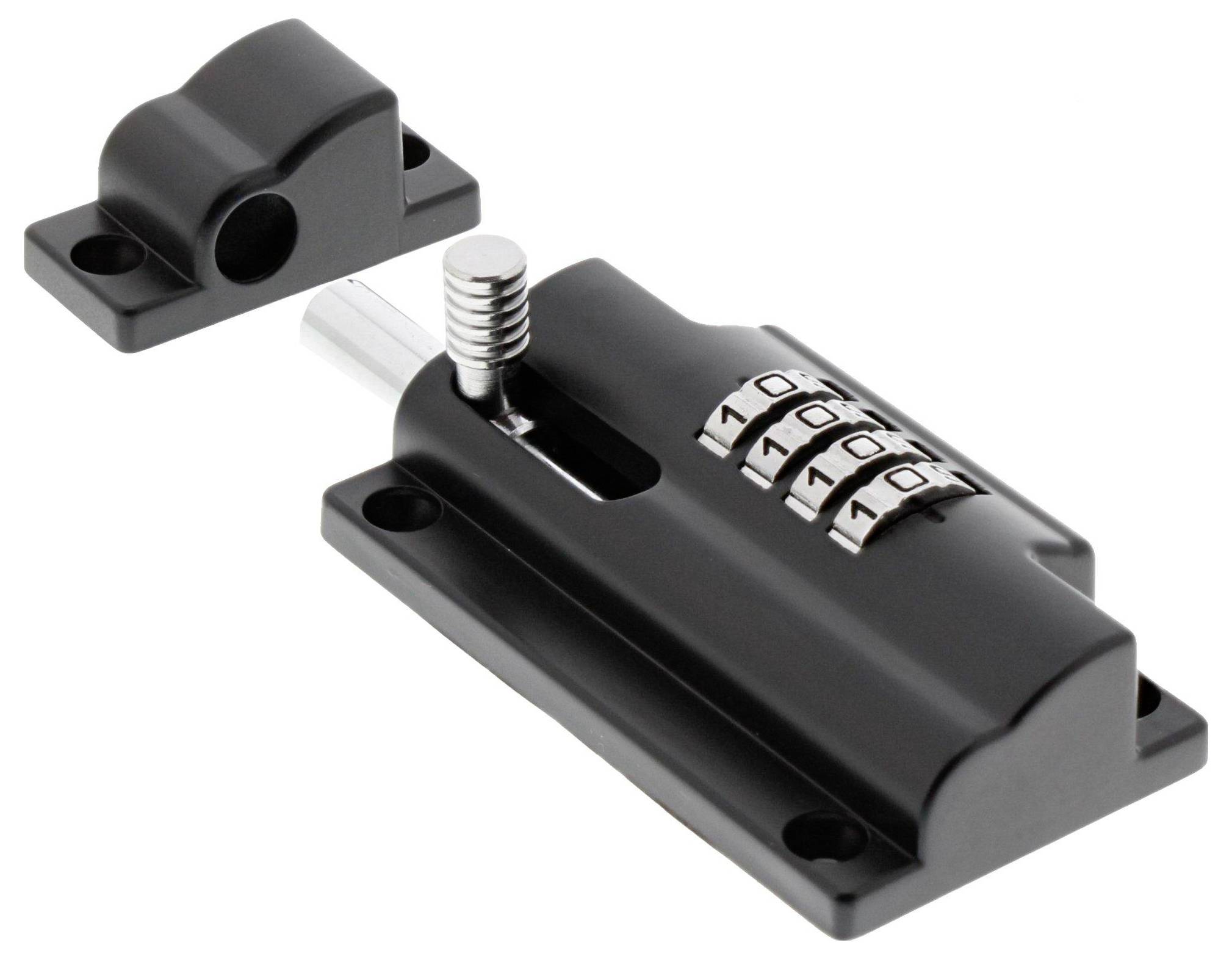 Number lock bolt system in black with four-digit number combination and metal bolt, suitable for door or drawer security.