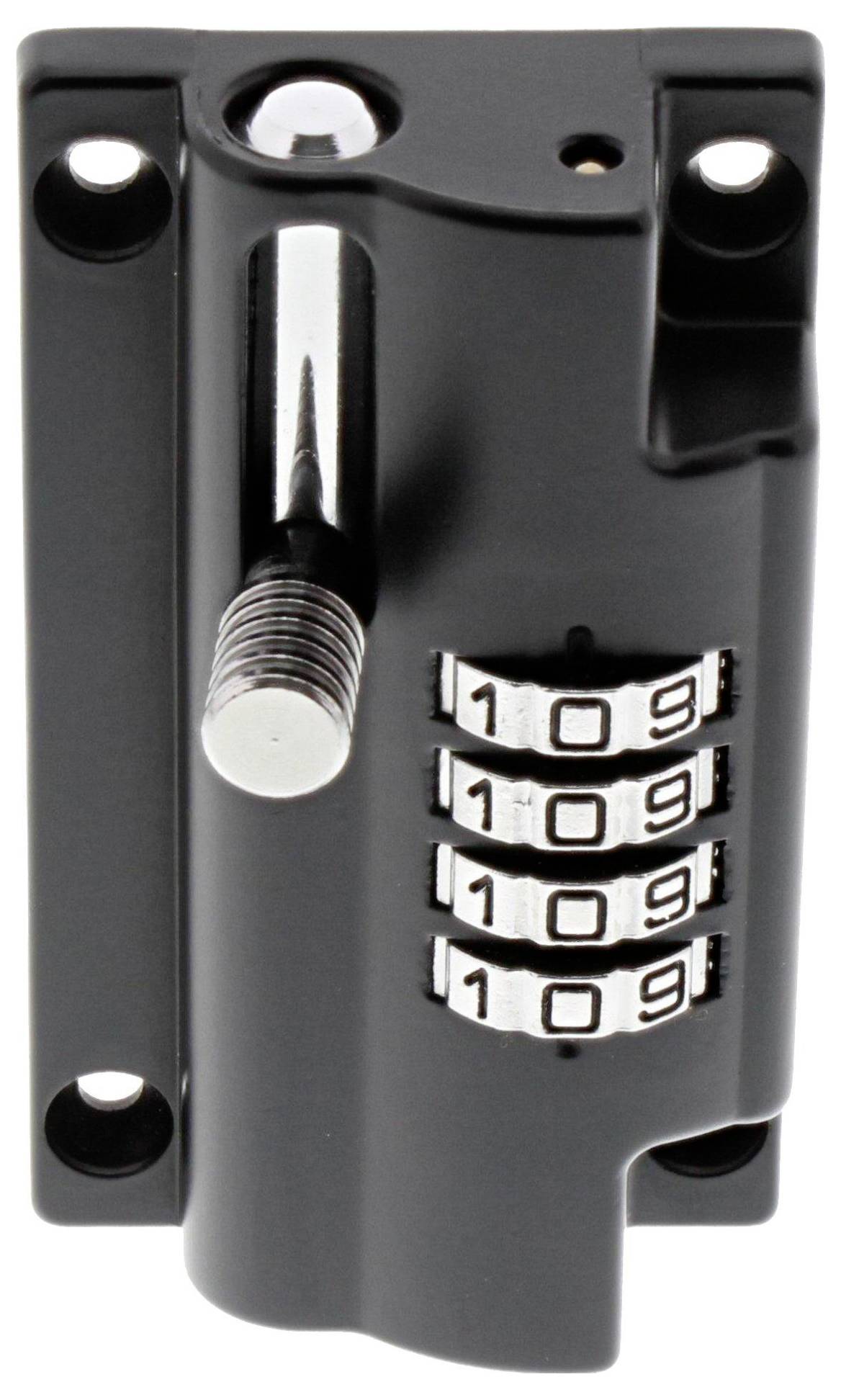 Black numerical padlock with silver lever and four-digit combination, displaying the number '1099'. Mountable, security device.