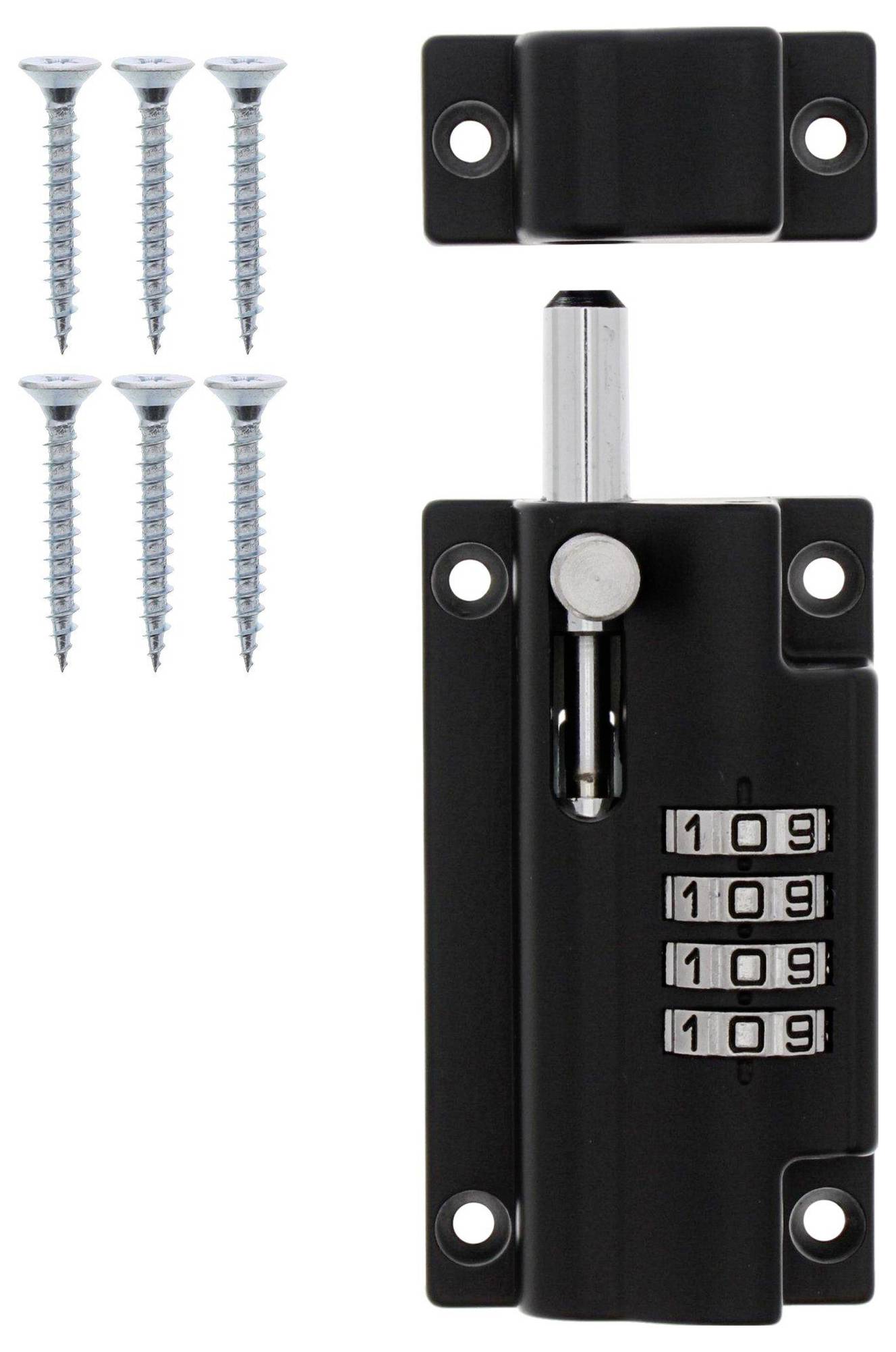Black numerical padlock with four-digit combination and six silver screws. Suitable for doors or cabinets.