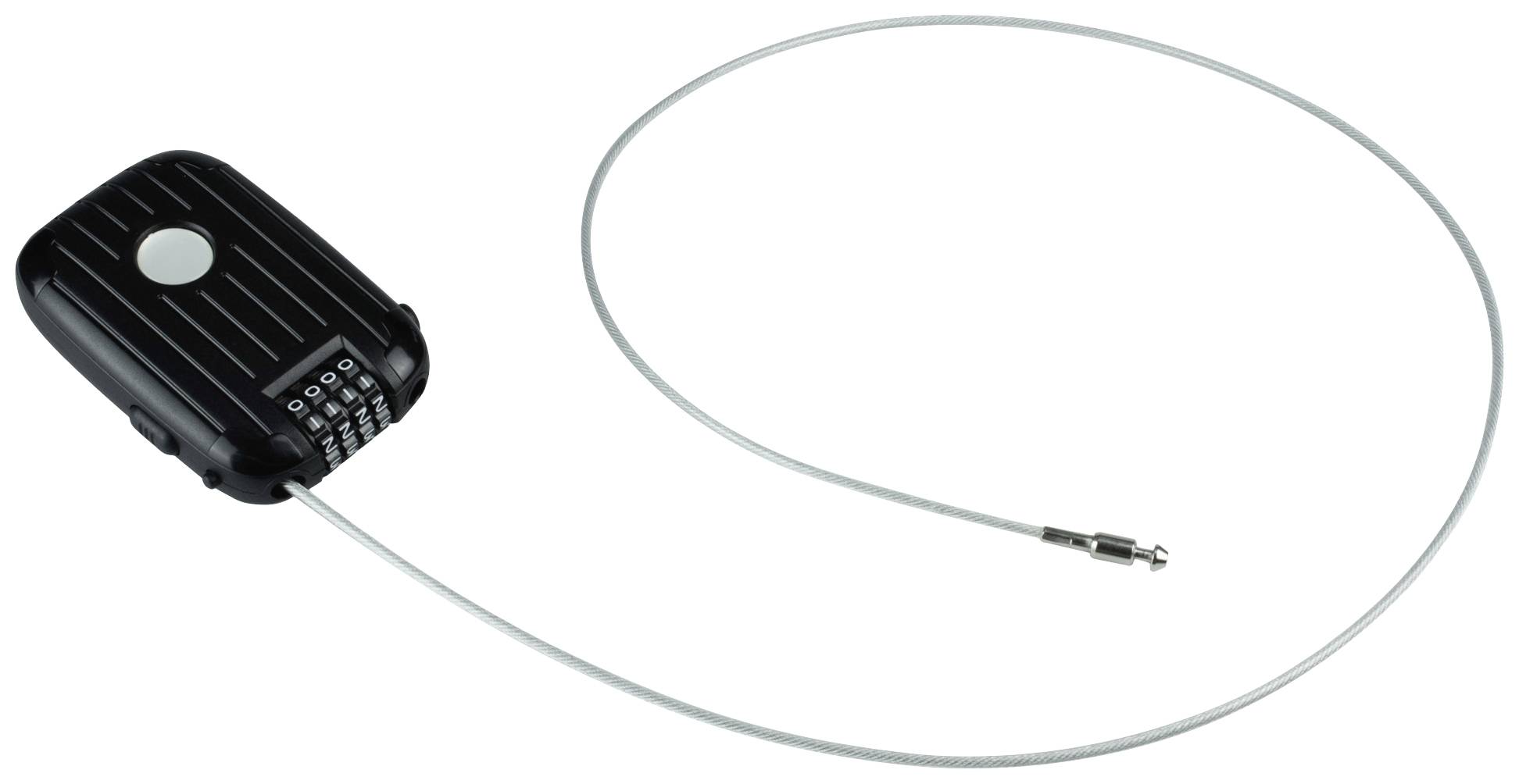 A black combination padlock with a long, flexible steel cable. The lock has small numerical buttons for setting the combination.