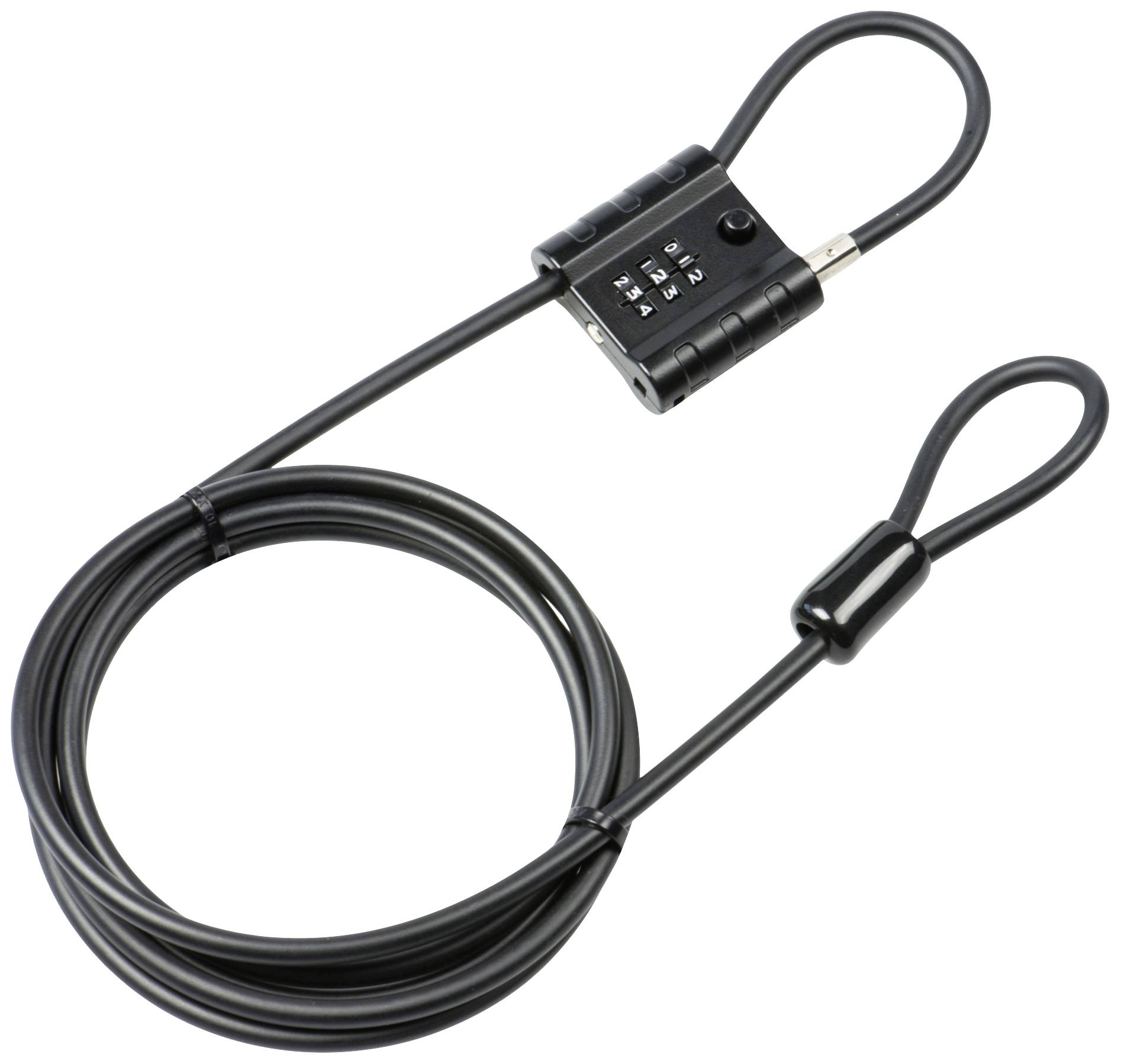 A black cable lock with combination lock and two loops. Ideal for securing devices against theft.
