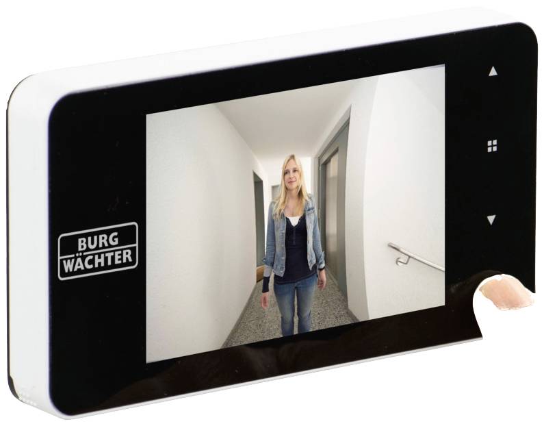 An electronic door viewer shows the image of a person standing in the corridor. A handrail is visible on the wall to the right of the image.
