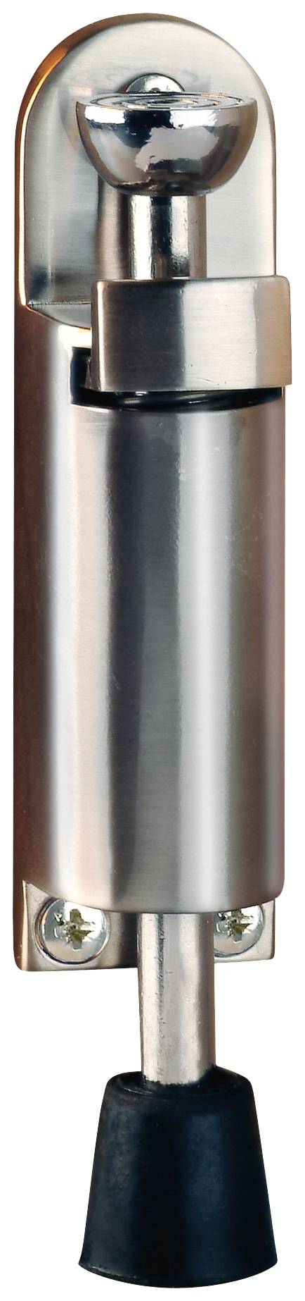 Metal door stop with a rubber tip, mounted on a door. Prevents the door from slamming shut unintentionally.