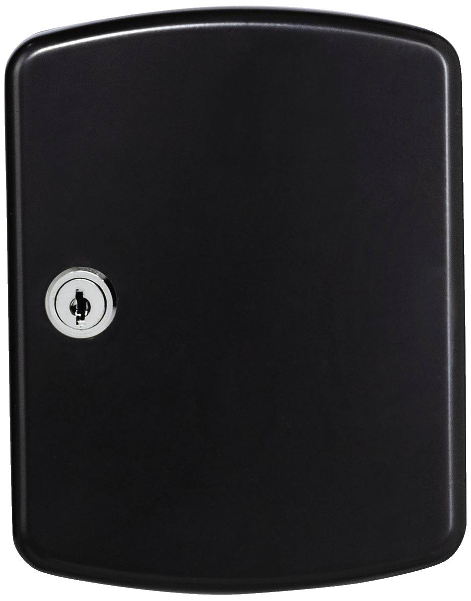 Black metal key cabinet with a keyhole in the bottom left corner.