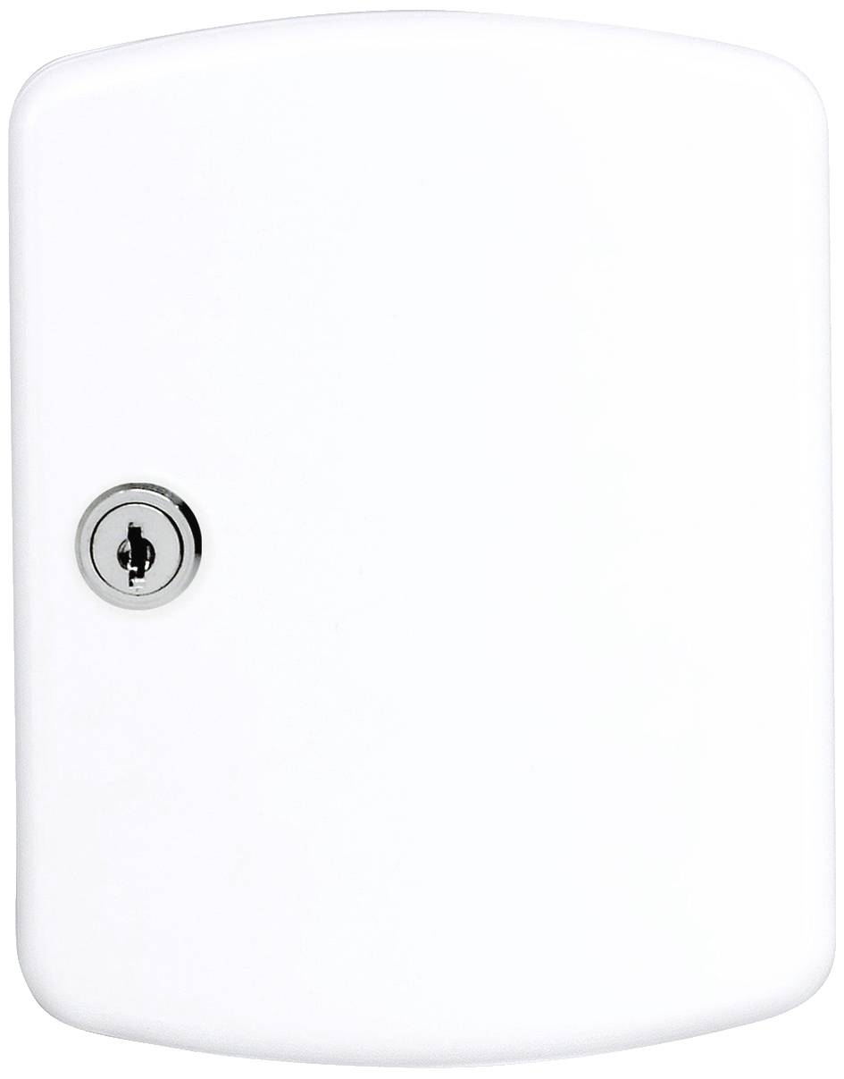 A white, rectangular safe with a lock on its left side.