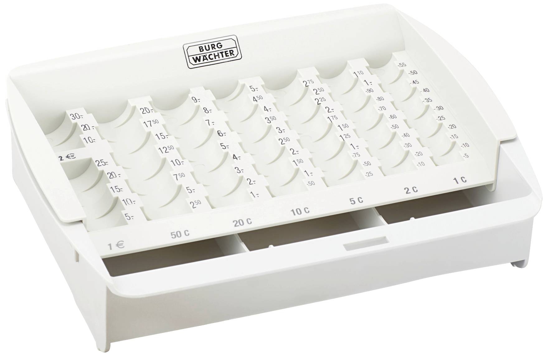 Plastic coin sorter with compartments for different Euro coins, suitable for money organisation and storage.