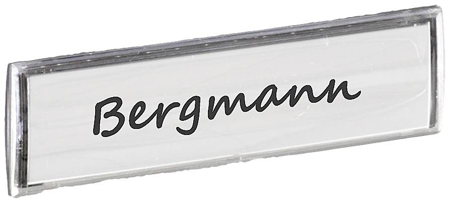 Name badge with the inscription 'Bergmann' in black lettering on a white background.