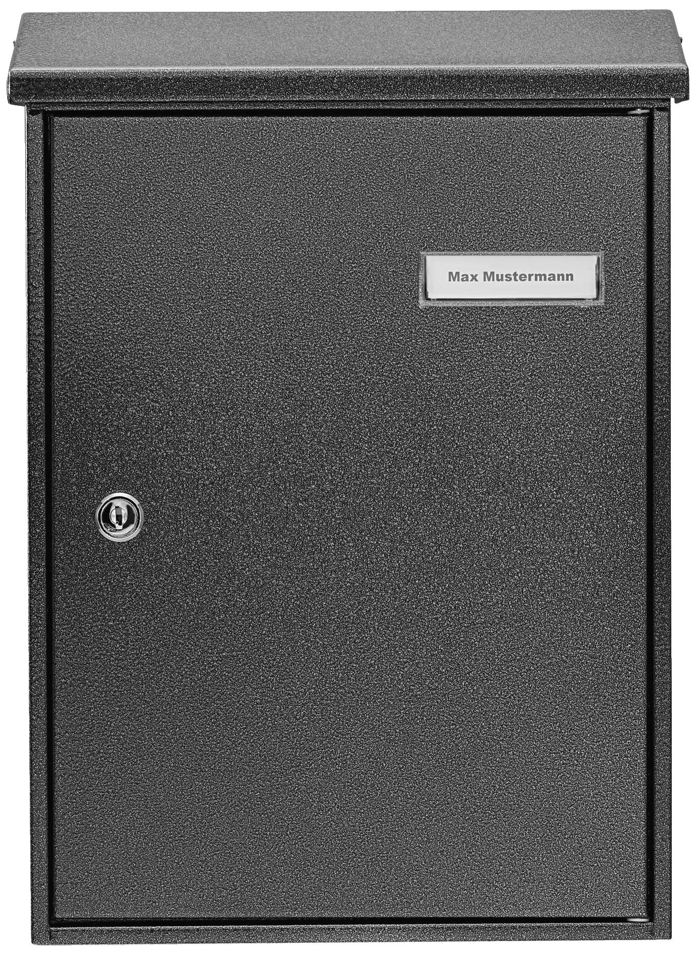 Black letterbox with lock, name plate reading 'Max Mustermann'.