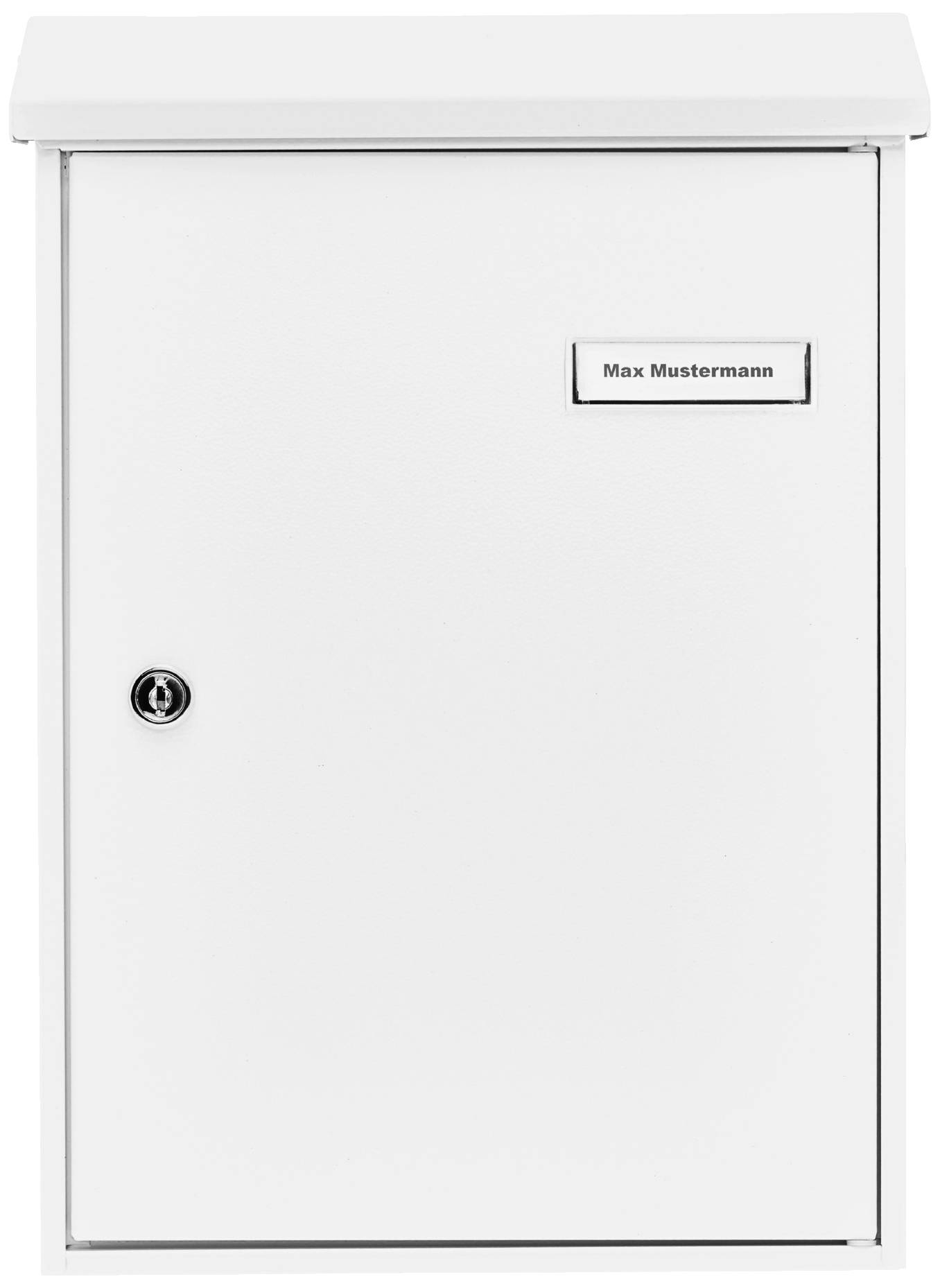 A white letterbox with a nameplate reading 'Max Mustermann' and a lock in the bottom left-hand corner.