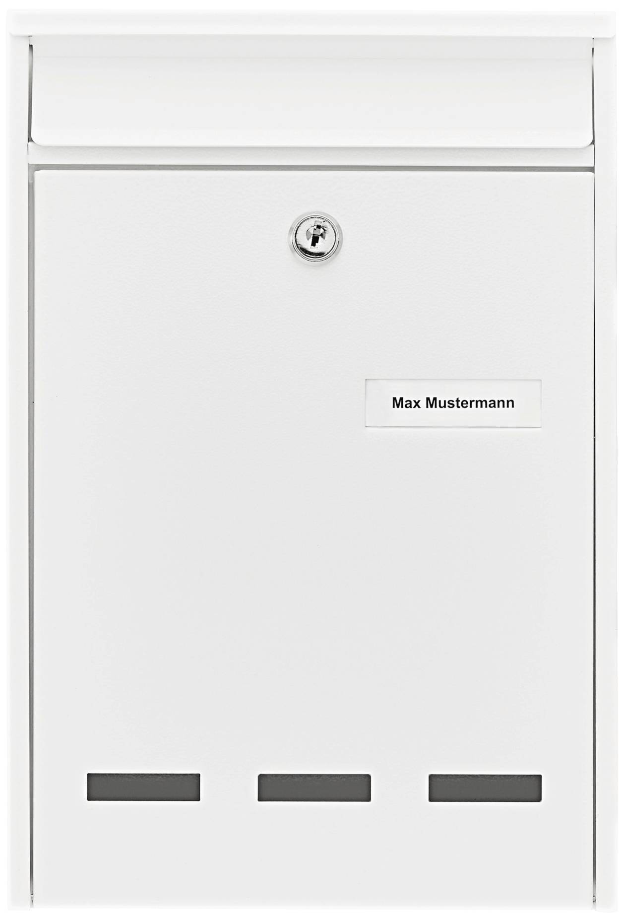 White letterbox with name plate 'Max Mustermann' on the front.