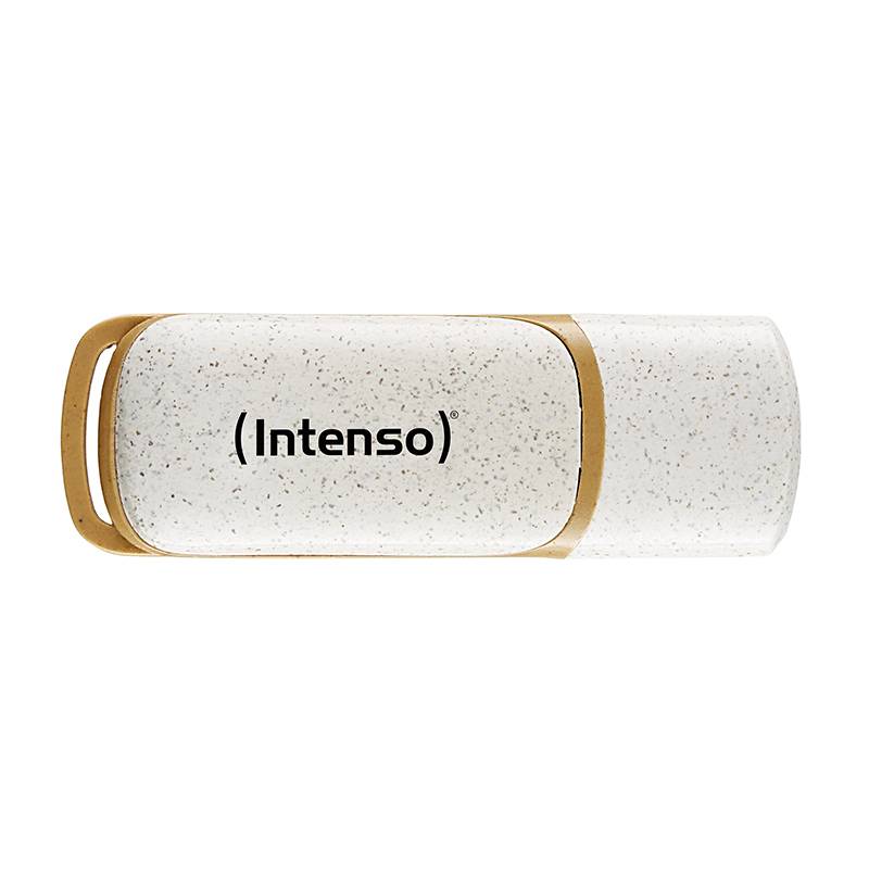 A USB stick with the 'Intenso' logo, in white with golden accents.