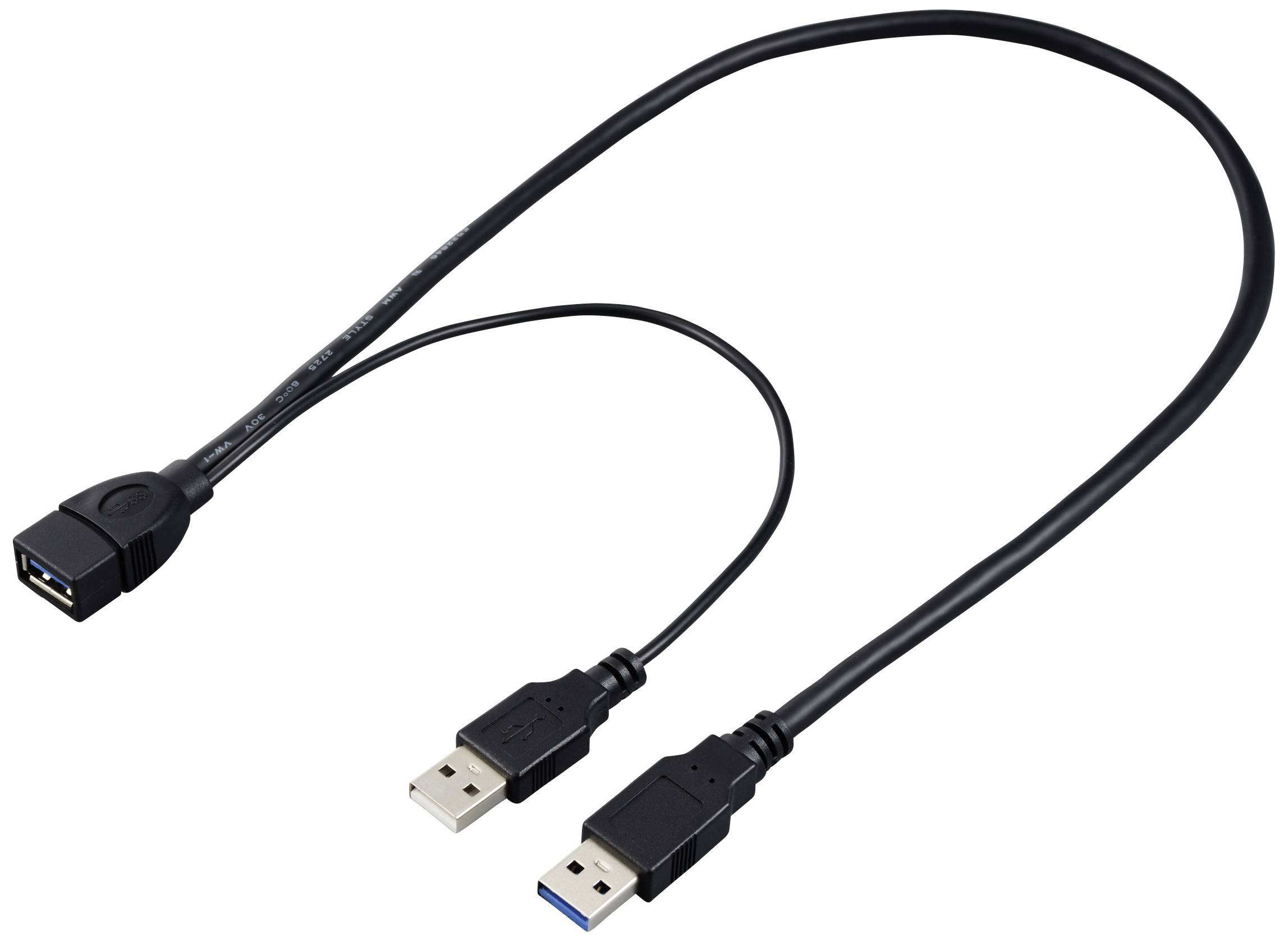 A USB cable with two male connectors and one female connector, suitable for extending or connecting devices.