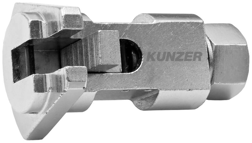 A silver mechanical component with 'KUNZER' inscription, presumably an adapter or connecting piece, identifiable by its threads and recesses.