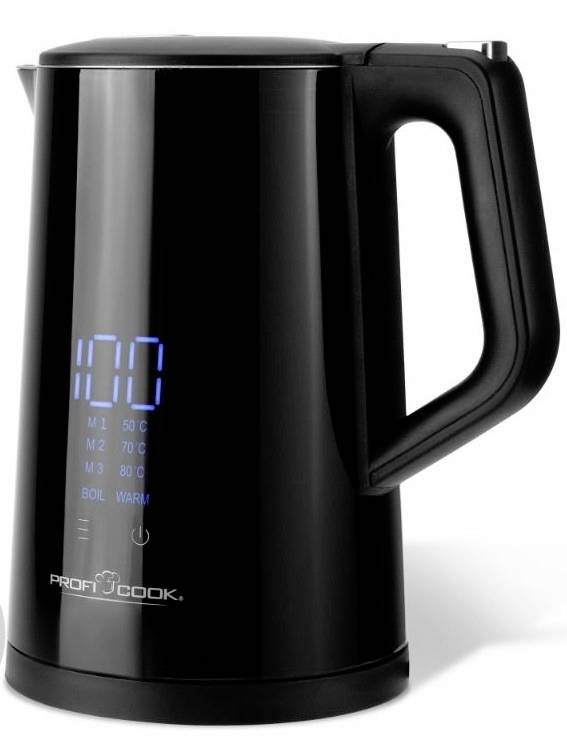 Electric kettle in black with digital temperature display, handle on the right. Display shows '100' for degrees Celsius.