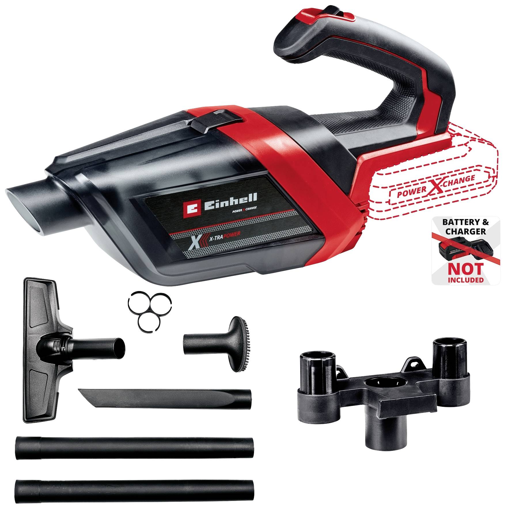 A cordless, red and black handheld vacuum cleaner with accessories. Note: Battery and charger not included.
