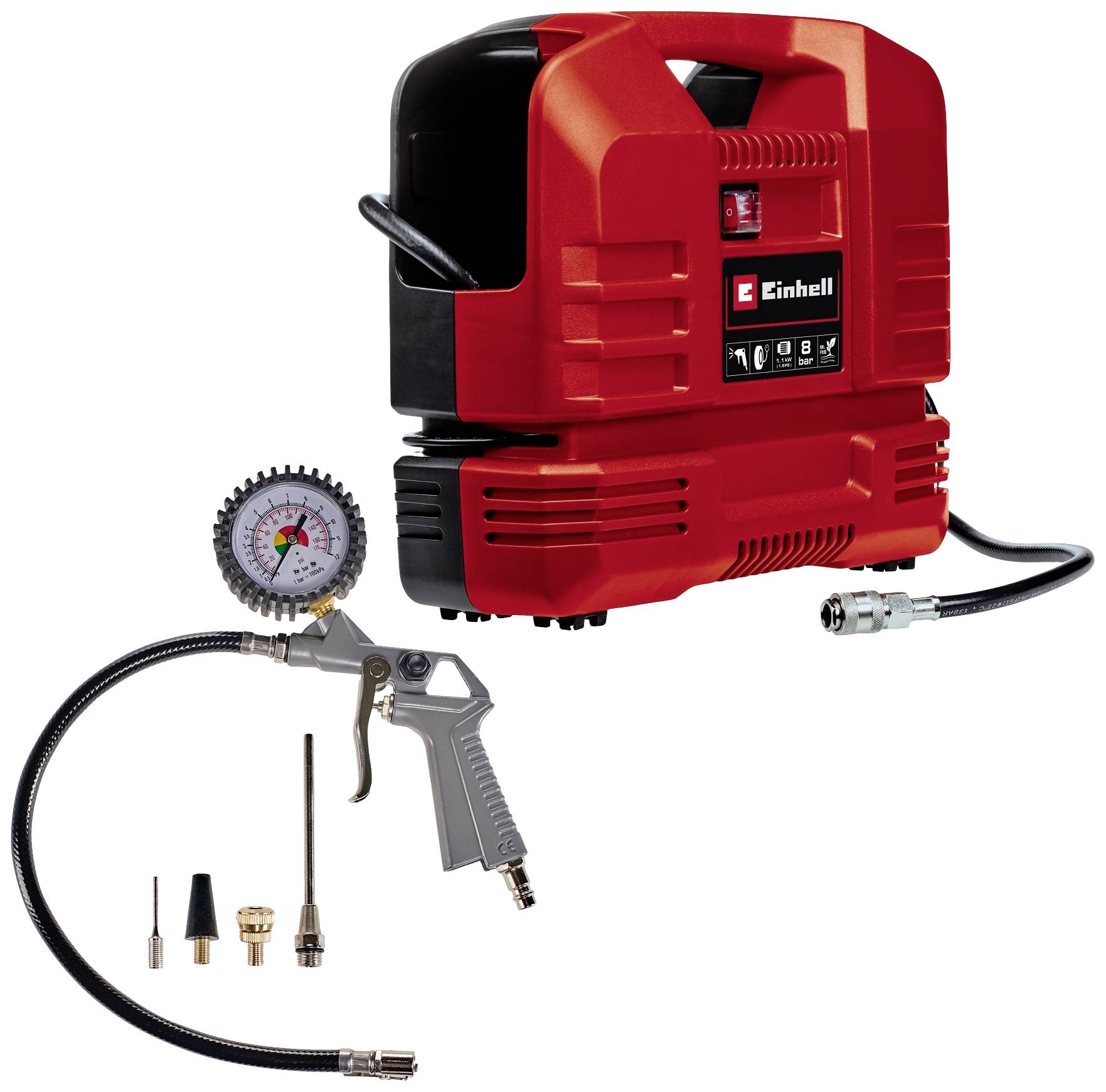 A red mobile air compressor with pressure gauge, hose and various nozzle attachments. Ideal for inflating tyres or sports equipment.