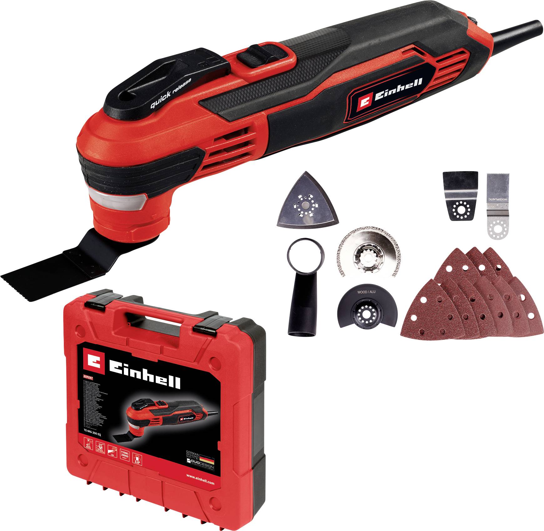 Multifunction tool in red and black, with various attachments and red case. Accessories include sanding sheets and saw blades.