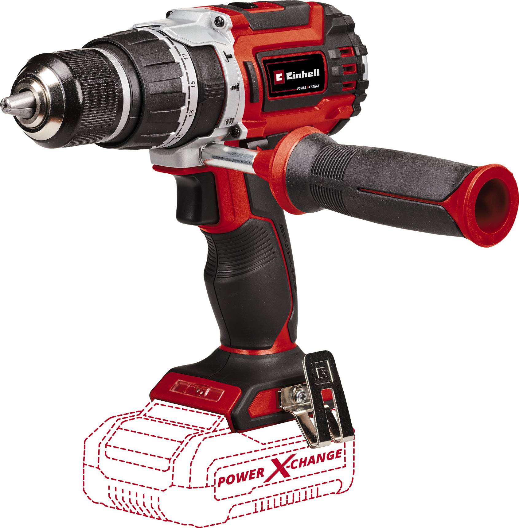 Cordless drill in red and black, side view, without battery inserted, handle with soft surface, chuck without bit.