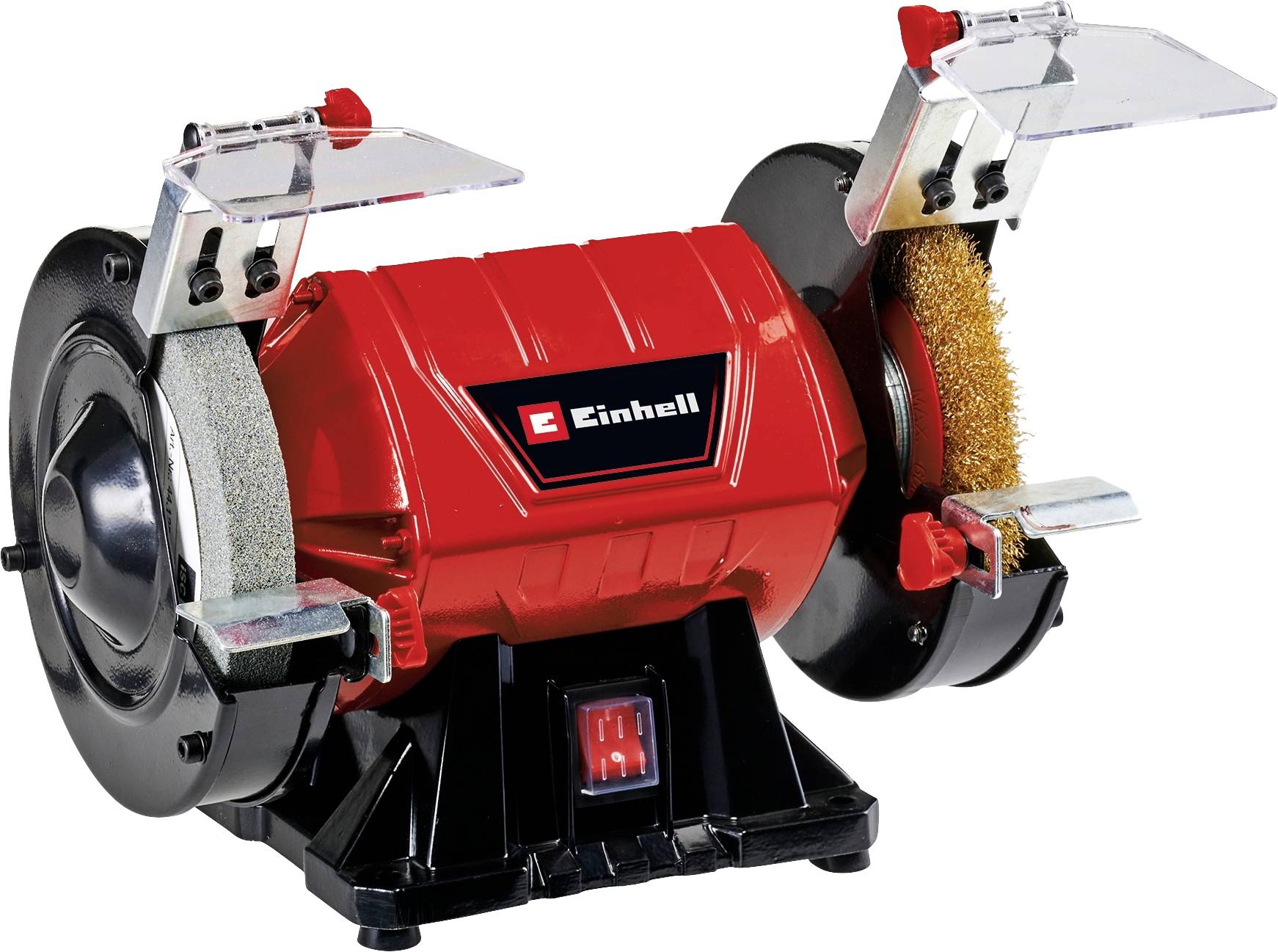 A red double-ended grinder with a grinding stone on the left side and a wire brush on the right side, mounted on a base.