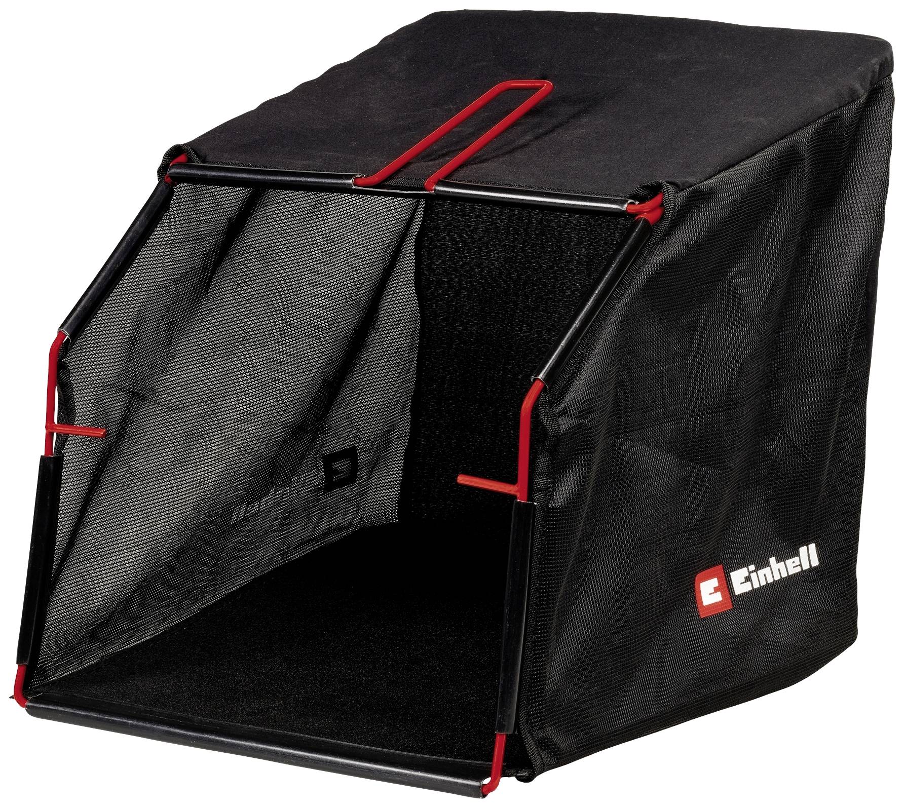 Black and red Einhell grass collection bag, open and empty, for lawnmower.