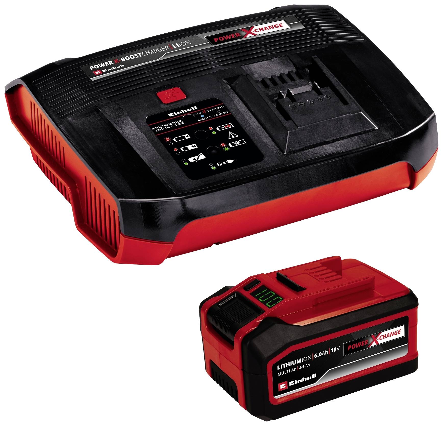 A black and red charger with the Einhell logo and its corresponding lithium-ion battery.