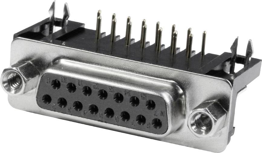 D-SUB connector with female socket, metal frame and 15 pins arranged in two rows, for electronic connections.