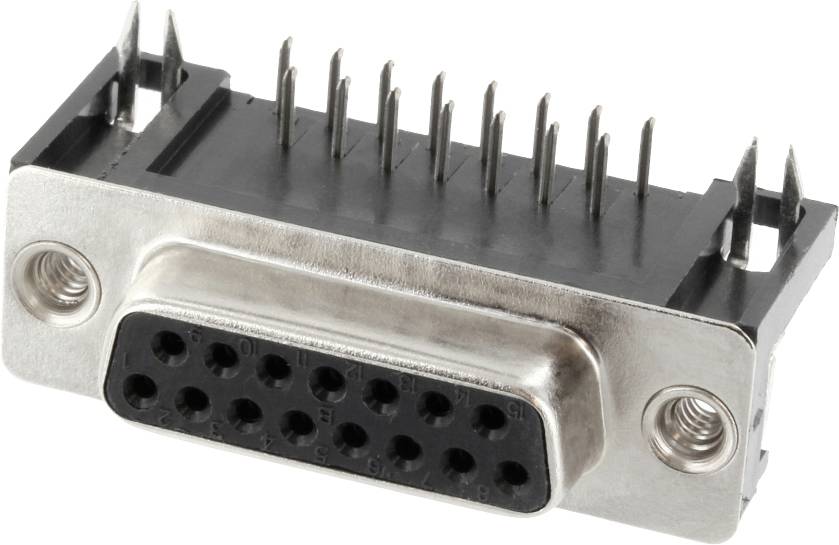 A female D-sub connector with 15 pins and a metal frame, suitable for use in electronic devices and computers.