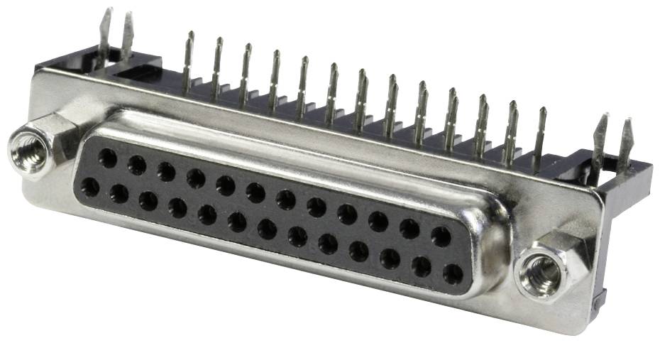 A parallel D-SUB plug with 25 pins in a metal casing. Used for serial and parallel data connections on computers.