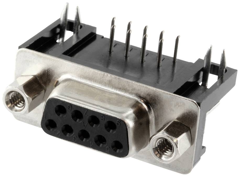 D-Sub connector with nine pins, metal frame and mounting brackets, suitable for serial interfaces in electronic devices.D-Sub socket with nine pins, metal housing and mounting brackets, suitable for serial interfaces in electronic equipment.