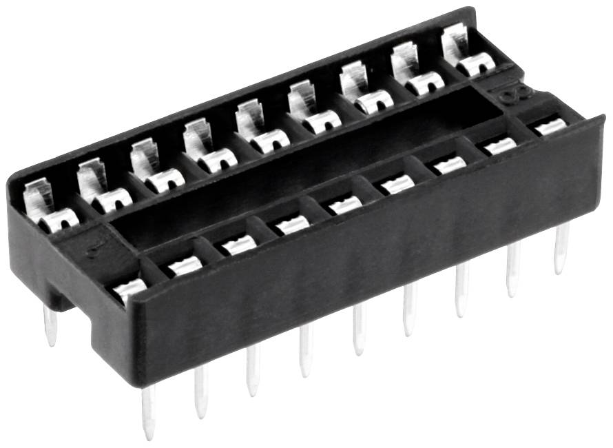 Black 16-pin DIP socket for inserting integrated circuits onto circuit boards. Ideal for electronic projects.
