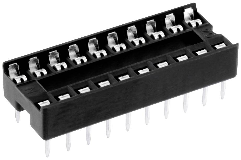 A black IC socket with 16 pins for soldering. It raises the integrated circuit from the circuit board for easy mounting.