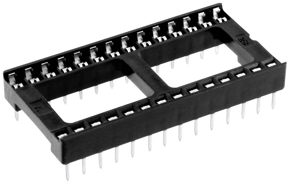 Black IC socket with two rows of contact positions and 28 pins, used for mounting integrated circuits on printed circuit boards.