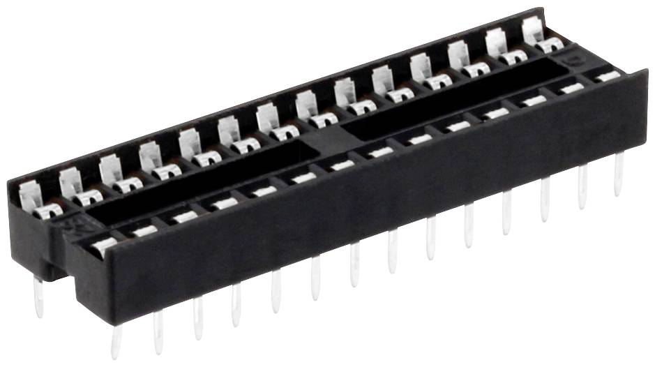 A black, rectangular IC socket with 24 pins. The socket provides a secure connection for integrated circuits on circuit boards.