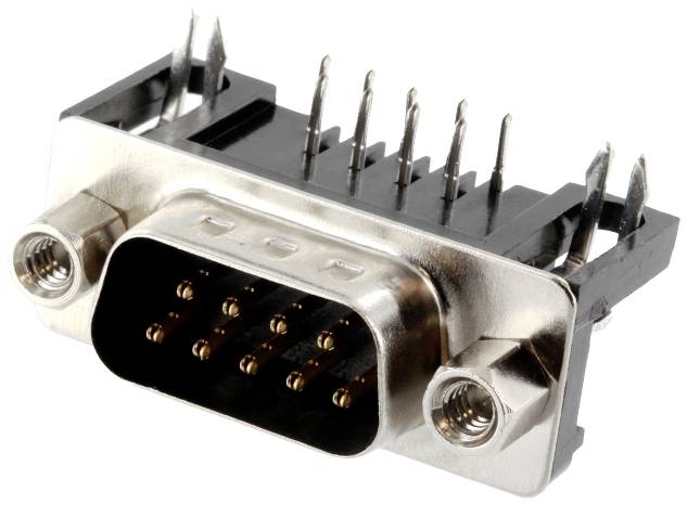 D-Sub connector with nine pins and metal housing, commonly used for serial data connections.