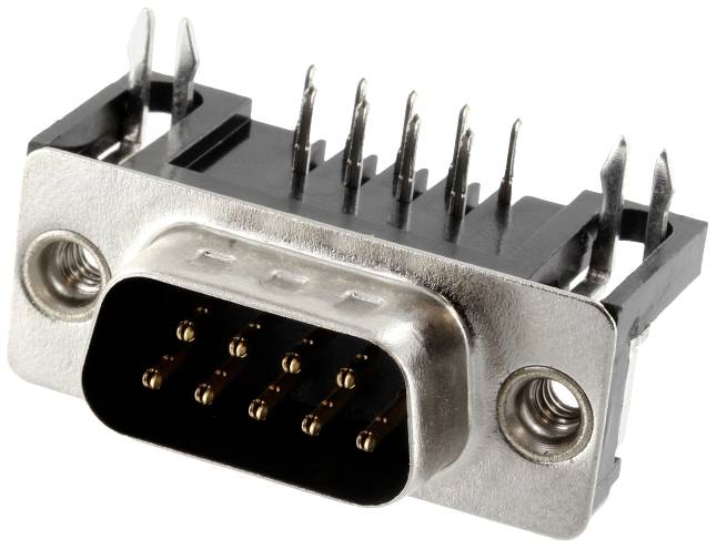 A 9-pin D-sub plug in close-up with a metal housing and protruding pins, for connecting electronic devices.