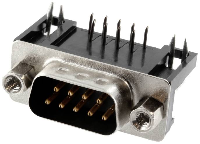 A metal D-sub plug with eight golden pins and two mounting screws, suitable for electronic connections.