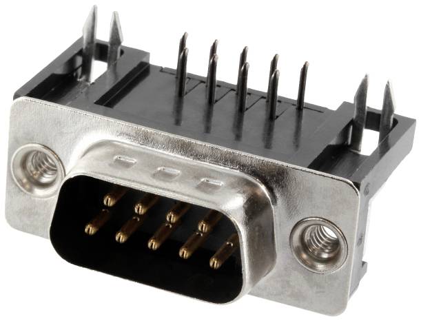 Nine-pin D-sub plug with metal housing and solder terminals. Commonly used for serial connections in computers.