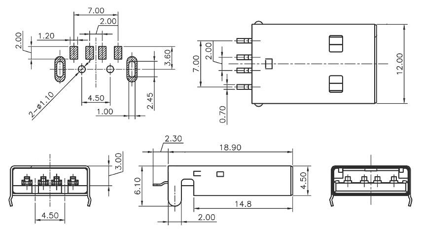 USB-A-MOUNTED CONNECTOR SMT Plug, horizontal mount DS1098-WN0 Connfly Content