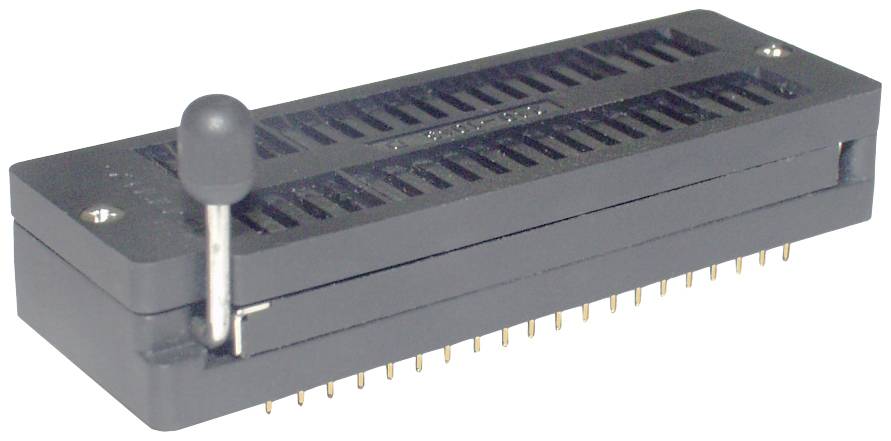 A ZIF socket (Zero Insertion Force socket) with lever in raised position, ready to receive an integrated circuit.