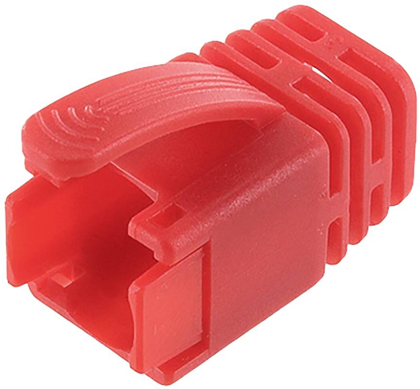 Red plastic protective cap for RJ45 connectors, commonly used for cable management in networks. It protects the connector from damage.